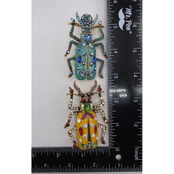 Beetle Scarab Brooches Lot of 2 Teal‎ Yellow Enamel Rhinestones Gold Tone Egypt - Picture 6 of 8